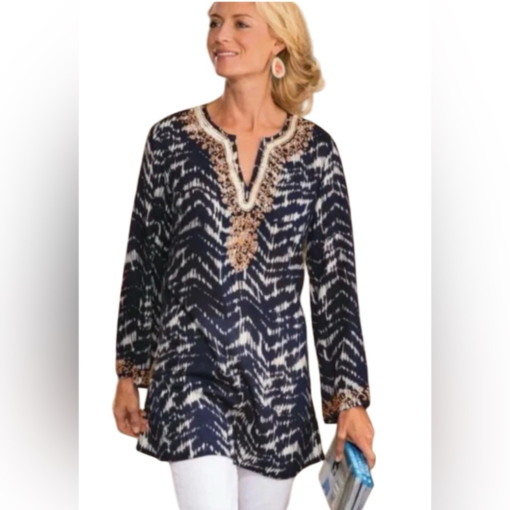 Women’s Navy Blur and Cream Tunic with Silver and Orange Embellishments Sz XL